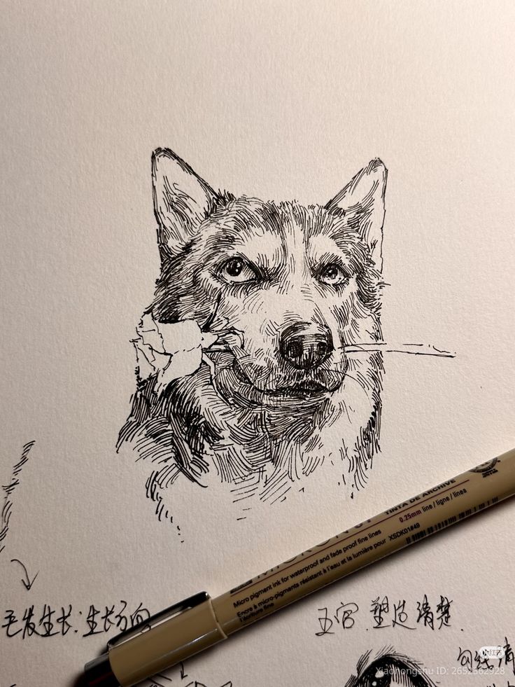 Ink sketch of a dog with a leaf in its mouth, accompanied by a fine-line pen. Detailed artwork on textured paper.
