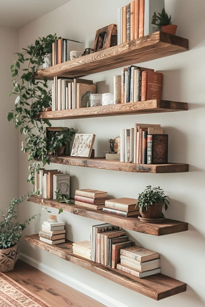 _ 19 Stylish wooden wall shelves with books and plants, creating a cozy and modern home library or reading nook decor. | Sky Rye Design Stylish wooden wall shelves with books and plants, creating a cozy and modern home library or reading nook decor.