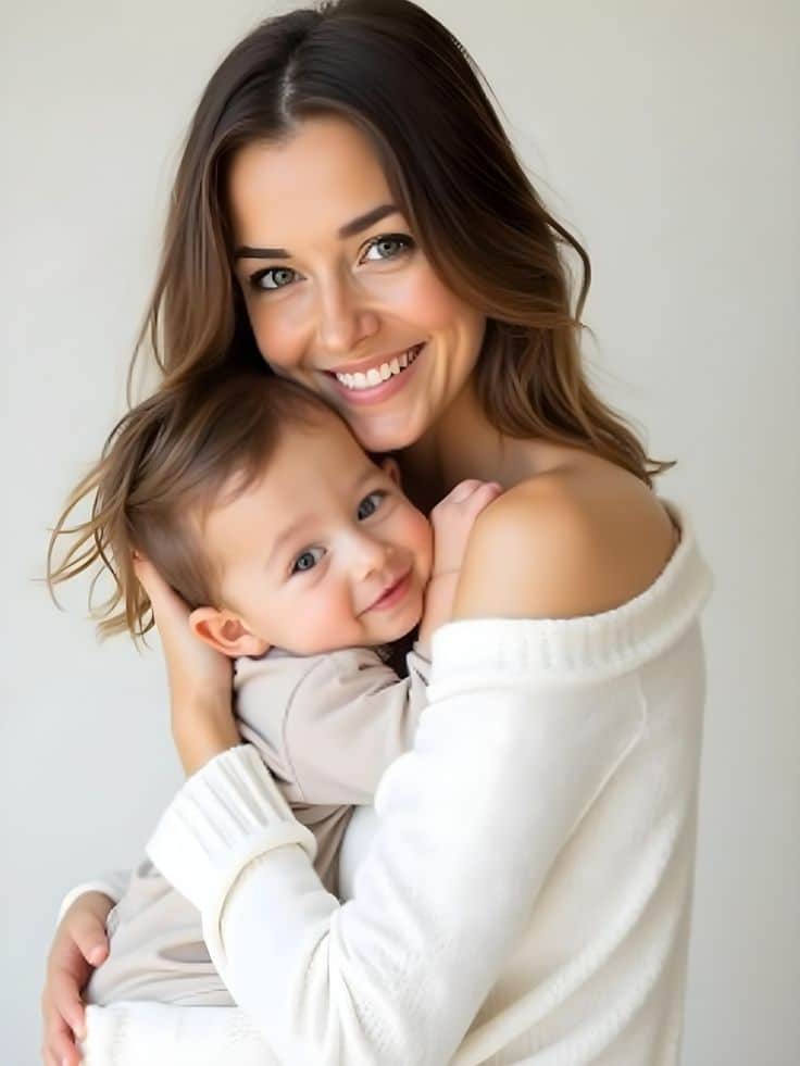 _ 19 Woman smiling and hugging a baby, both wearing cozy outfits in a warm, intimate moment, against a neutral background. | Sky Rye Design Woman smiling and hugging a baby, both wearing cozy outfits in a warm, intimate moment, against a neutral background.