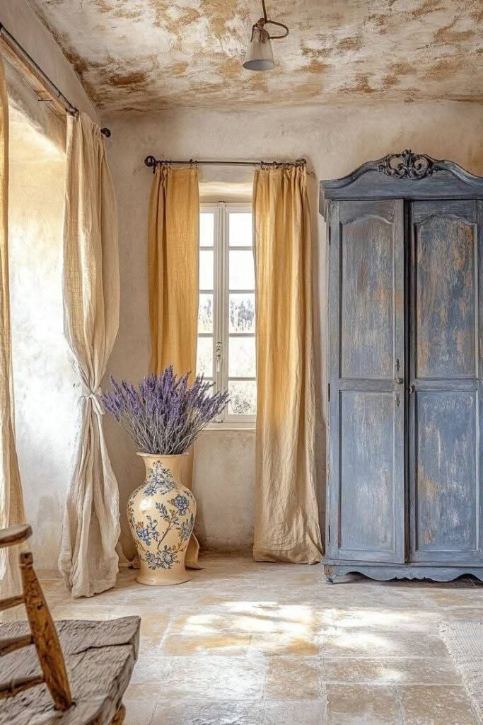 _ 19 Rustic room with blue armoire, vintage vase of lavender, and sunlight through yellow curtains, creating a cozy and elegant atmosphere. | Sky Rye Design Rustic room with blue armoire, vintage vase of lavender, and sunlight through yellow curtains, creating a cozy and elegant atmosphere.