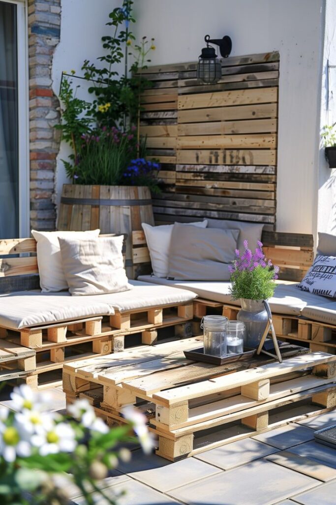 19 Ideas of DIY Outdoor Furniture That Will Transform Your Backyard Oasis Cozy patio with pallet furniture, cushions, and potted plants. Rustic decor creates a relaxed outdoor seating area ideal for gatherings. | Sky Rye Design Cozy patio with pallet furniture, cushions, and potted plants. Rustic decor creates a relaxed outdoor seating area ideal for gatherings. pallet furniture diy