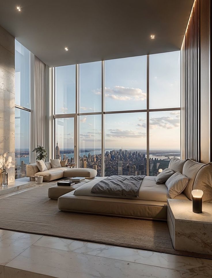 1992f4e4-ff3f-453f-aca2-1d896d04d139 Luxurious modern bedroom with expansive windows offering a stunning cityscape and water view, featuring elegant furnishings and decor. | Sky Rye Design Luxurious modern bedroom with expansive windows offering a stunning cityscape and water view, featuring elegant furnishings and decor.