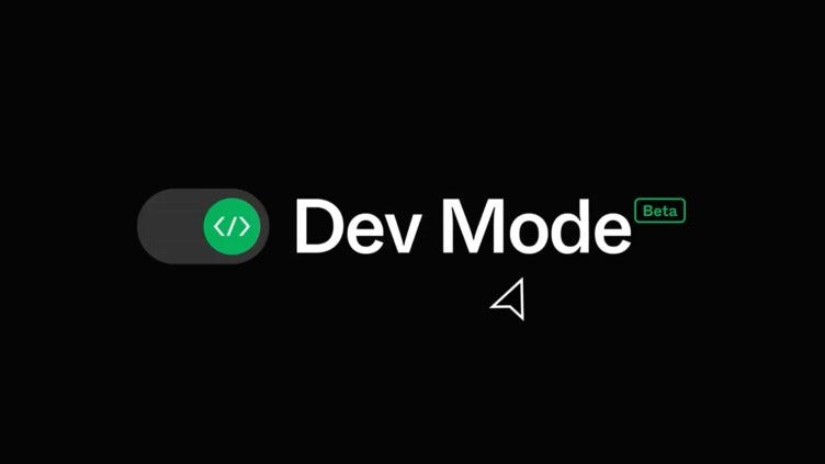 Dev Mode icon with toggle switch and cursor arrow, labeled 'Beta' on a black background, indicating a development environment feature.