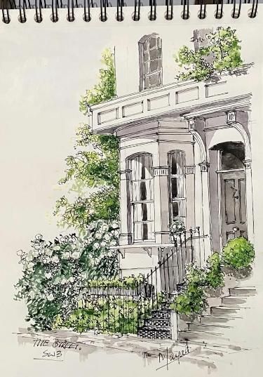 1b46ad8d-6ef4-4329-9640-6918a72d431b Illustration of a charming townhouse with lush greenery and elegant architecture, featuring a black wrought-iron fence and stone steps. | Sky Rye Design Illustration of a charming townhouse with lush greenery and elegant architecture, featuring a black wrought-iron fence and stone steps.