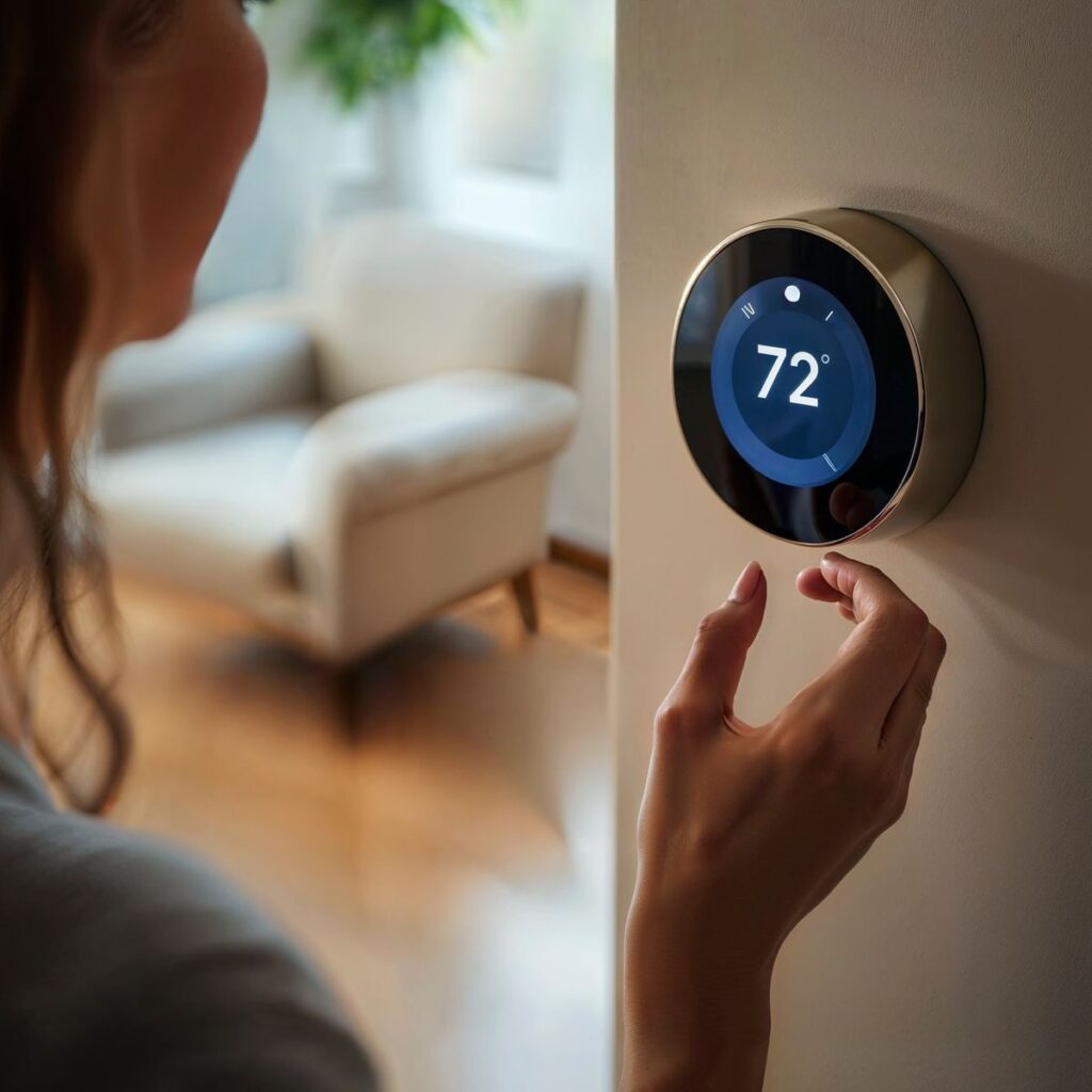 1d22f55ede8555b1ad2e71d2c472ba88 Person adjusting smart thermostat to 72°F in a modern living room, optimizing home temperature for comfort and energy efficiency. | Sky Rye Design Person adjusting smart thermostat to 72°F in a modern living room, optimizing home temperature for comfort and energy efficiency.
