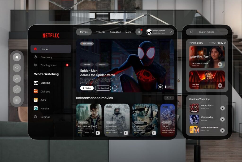 1e467b7ac0de09b991470e85aa29a59e Netflix user profiles and homepage featuring Spider-Man: Across the Spider-Verse with recommended and trending movie options. | Sky Rye Design Netflix user profiles and homepage featuring Spider-Man: Across the Spider-Verse with recommended and trending movie options.