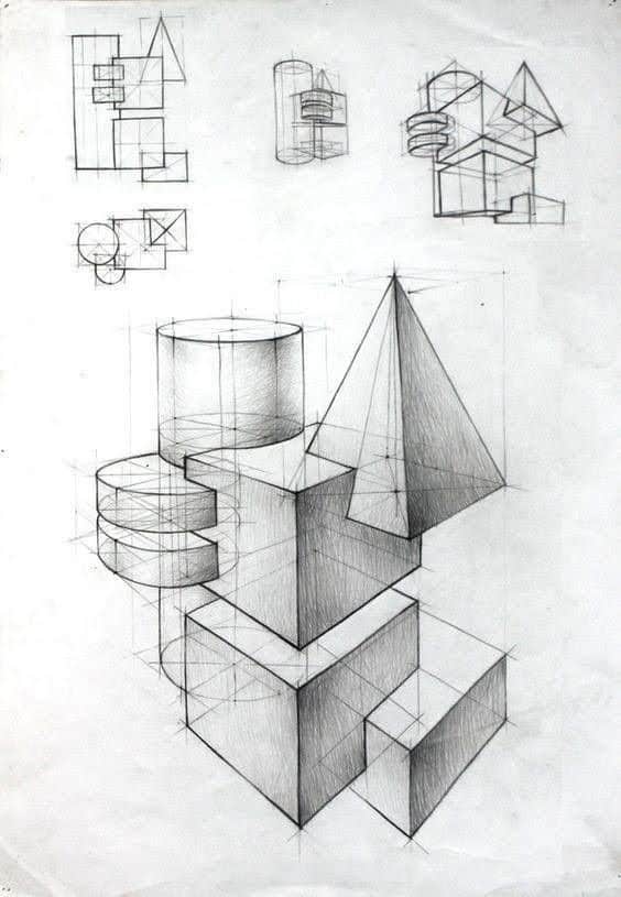 1fbb0405-340e-40f0-a762-9835ceea1f0d Geometric shapes and structures in perspective pencil sketch, featuring cubes, cylinders, and a pyramid on a grid background. | Sky Rye Design Geometric shapes and structures in perspective pencil sketch, featuring cubes, cylinders, and a pyramid on a grid background.