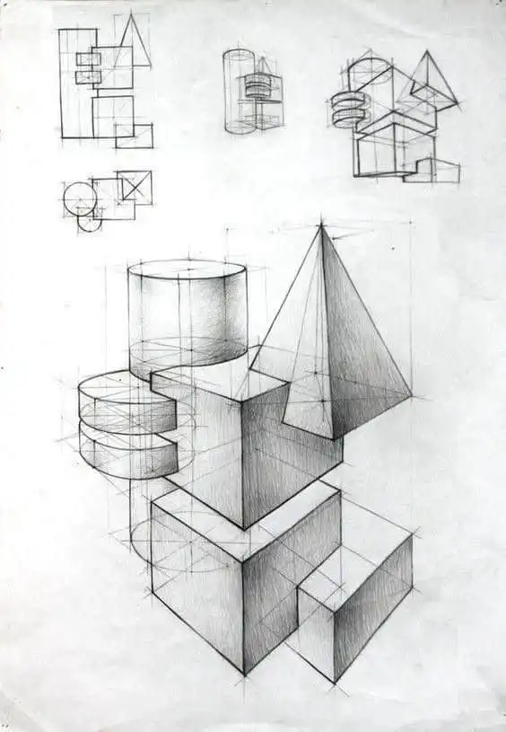 Geometric shapes and structures in perspective pencil sketch, featuring cubes, cylinders, and a pyramid on a grid background.