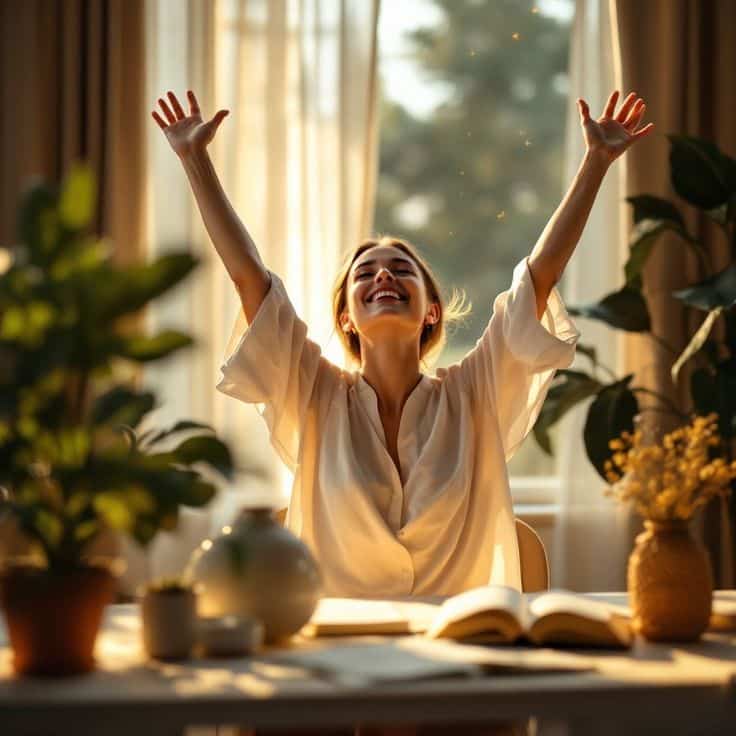 Woman joyfully stretches at a sunlit table surrounded by plants and books, embracing a positive morning in a cozy room.