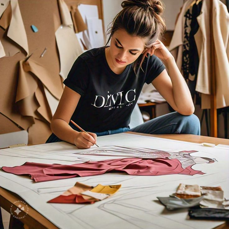 _ 2 Fashion designer sketching a dress with fabric swatches; creative work in a design studio setting. | Sky Rye Design Fashion designer sketching a dress with fabric swatches; creative work in a design studio setting.