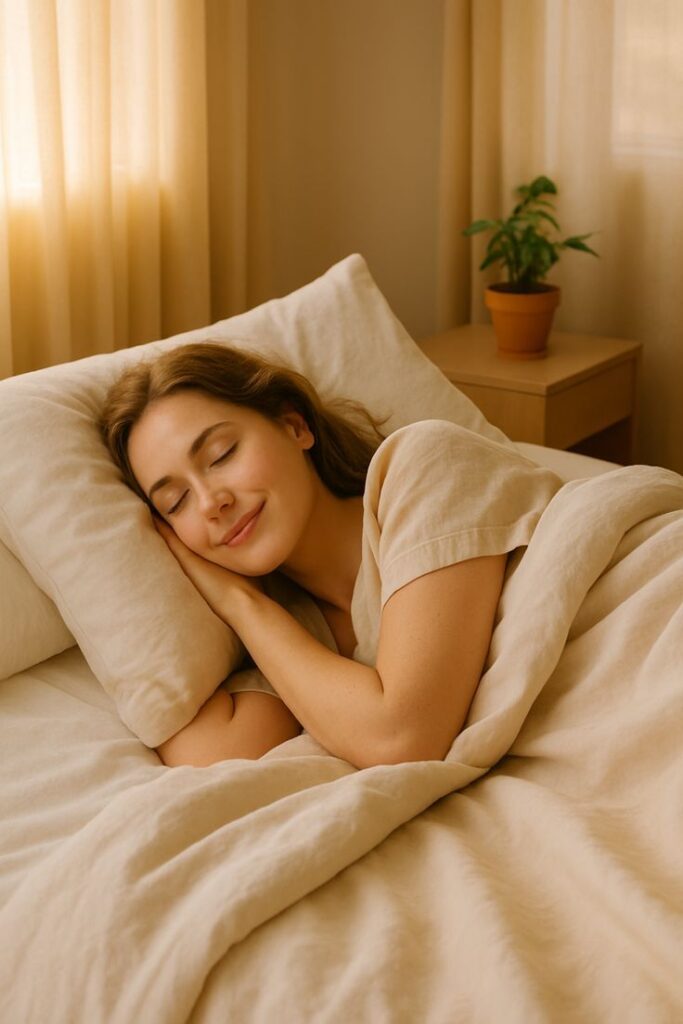 _ 2 Woman peacefully sleeping in a cozy bed with beige sheets, sunlight streaming through curtains and a potted plant on a nightstand. | Sky Rye Design Woman peacefully sleeping in a cozy bed with beige sheets, sunlight streaming through curtains and a potted plant on a nightstand.
