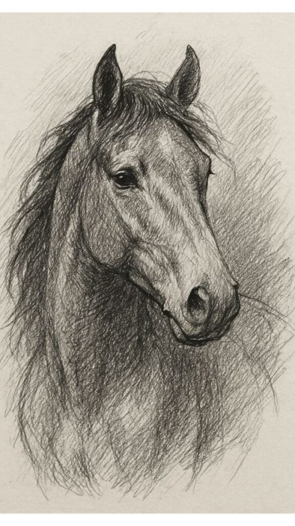 Detailed pencil sketch of a horse's head, capturing its expressive eyes and flowing mane, showcasing artistic skill and realism.
