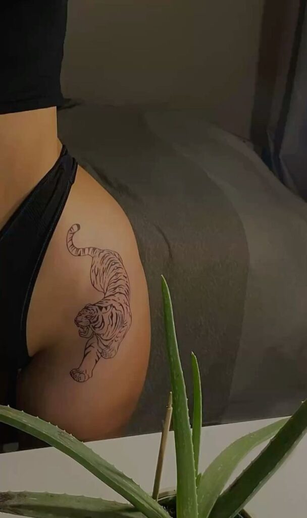 _ 2 Tattoo of a tiger on a person's hip, aloe vera plant in foreground, dark toned bedroom background. | Sky Rye Design Tattoo of a tiger on a person's hip, aloe vera plant in foreground, dark toned bedroom background.