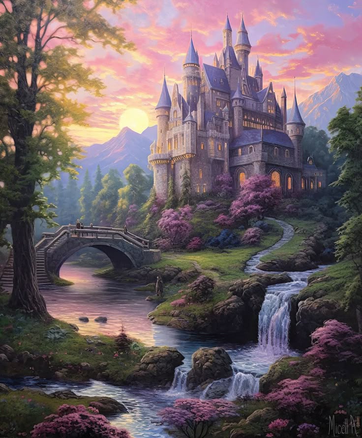 _ 2 Majestic castle at sunset by a serene river and bridge, surrounded by blooming trees under a vibrant pink and purple sky. | Sky Rye Design Majestic castle at sunset by a serene river and bridge, surrounded by blooming trees under a vibrant pink and purple sky.