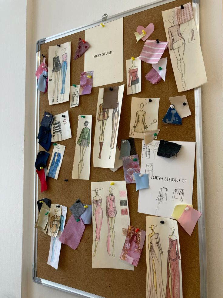 _ 2 Fashion design sketches on a corkboard with fabric swatches, showcasing creativity and style from DJEVA Studio. | Sky Rye Design Fashion design sketches on a corkboard with fabric swatches, showcasing creativity and style from DJEVA Studio.
