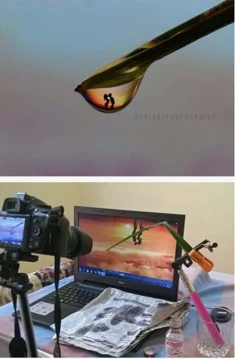 _ 2 Creative photography setup capturing a romantic sunset scene reflected in a drop of water, with behind-the-scenes view of the arrangement. | Sky Rye Design Creative photography setup capturing a romantic sunset scene reflected in a drop of water, with behind-the-scenes view of the arrangement.