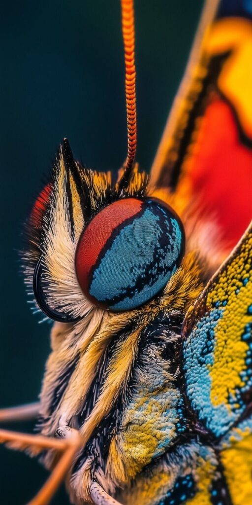 _ 2 Close-up macro shot of a butterfly's vibrant, colorful patterns and detailed compound eye, showcasing nature's intricate beauty. | Sky Rye Design Close-up macro shot of a butterfly's vibrant, colorful patterns and detailed compound eye, showcasing nature's intricate beauty.
