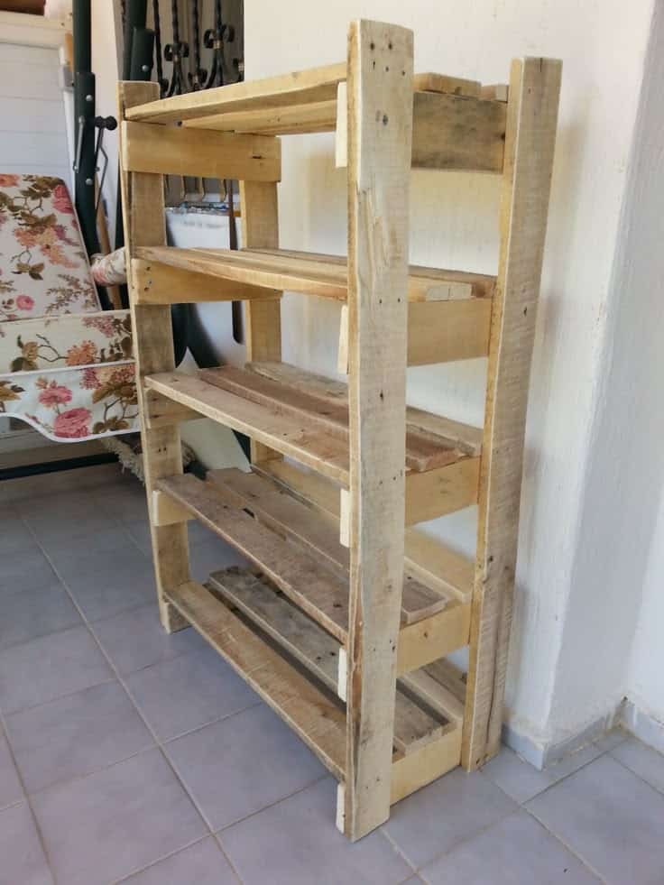 _ 2 Wooden pallet shelf on tiled floor, ideal for DIY home storage solutions or rustic decor. Perfect for organizing space efficiently. | Sky Rye Design Wooden pallet shelf on tiled floor, ideal for DIY home storage solutions or rustic decor. Perfect for organizing space efficiently.