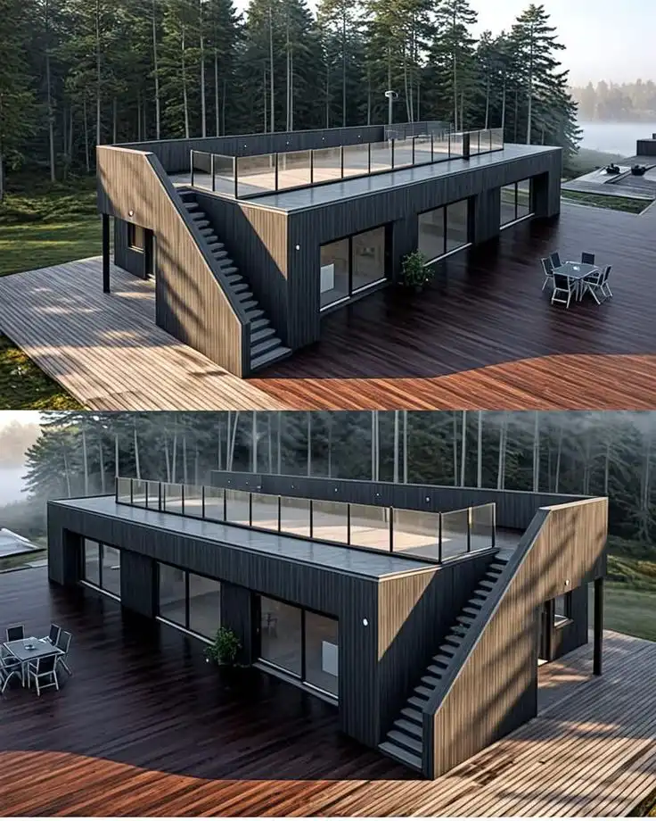 Modern black modular home with rooftop terrace in forest setting, featuring wooden deck and floor-to-ceiling windows for natural light.