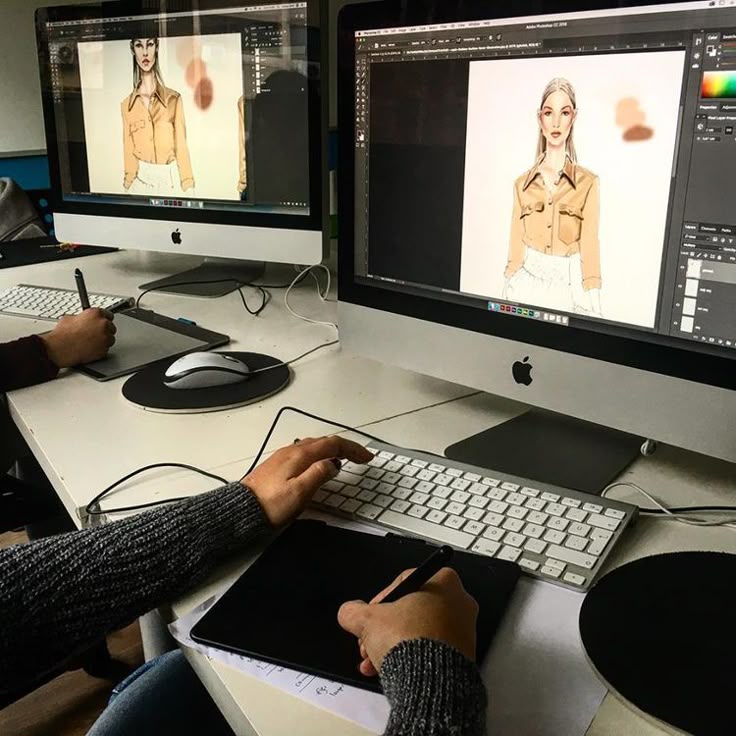 _ 2 Designer using a graphics tablet and software on an iMac to create digital fashion illustrations in a studio setting. | Sky Rye Design Designer using a graphics tablet and software on an iMac to create digital fashion illustrations in a studio setting.