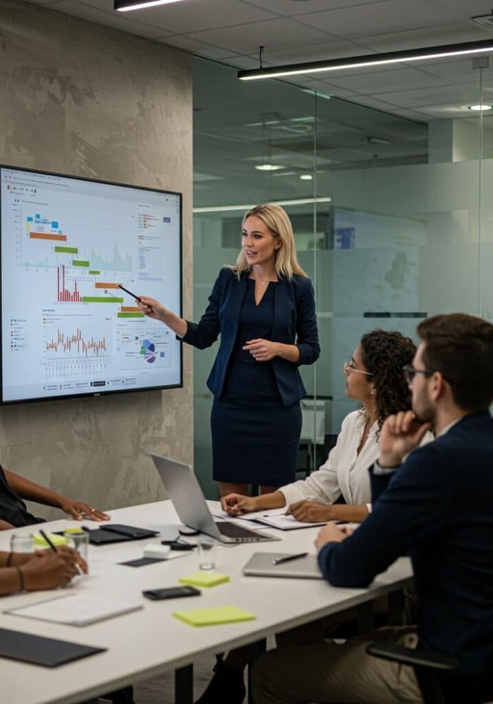 _ 2 Businesswoman presenting charts on a screen in a modern conference room, engaging with a diverse team around a table. | Sky Rye Design Businesswoman presenting charts on a screen in a modern conference room, engaging with a diverse team around a table.