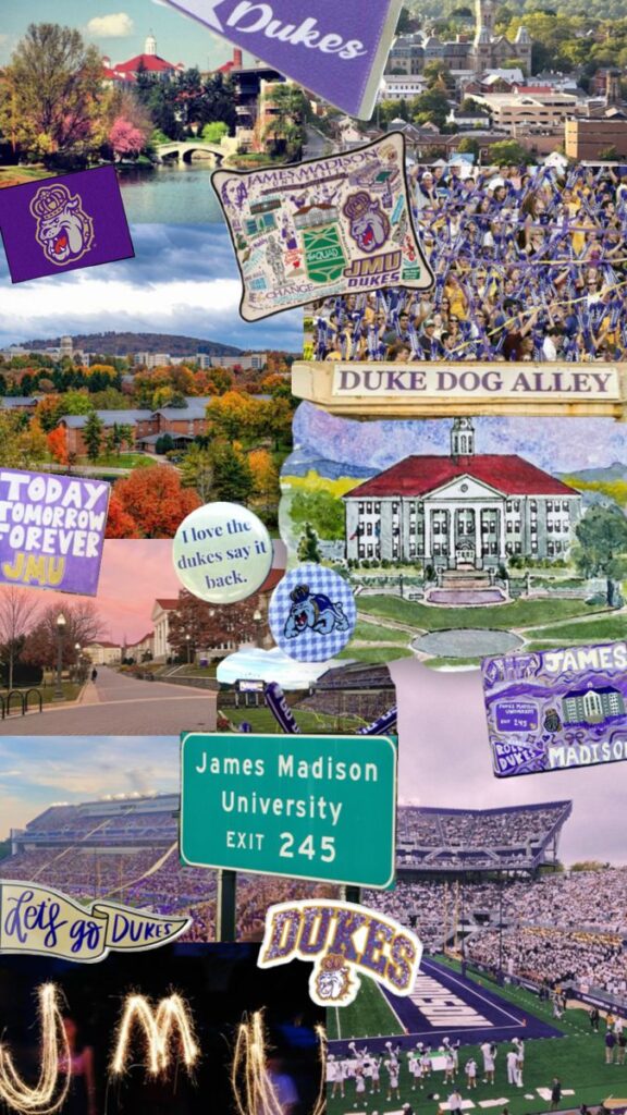 _ 2 Collage of James Madison University landmarks, signs, and events, showcasing vibrant campus life and school spirit with Dukes theme. | Sky Rye Design Collage of James Madison University landmarks, signs, and events, showcasing vibrant campus life and school spirit with Dukes theme.