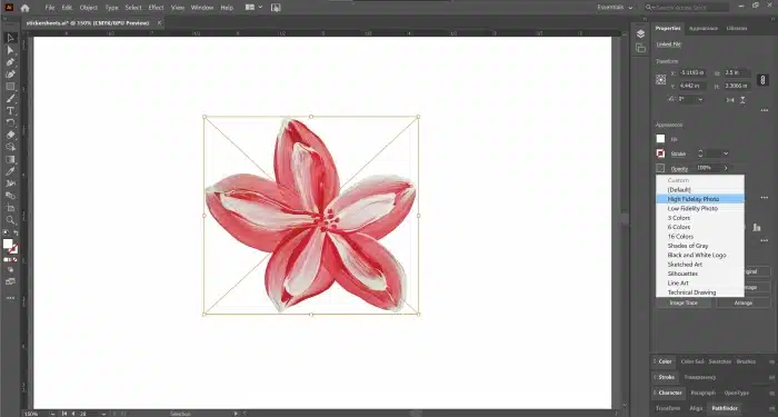 2-image-trace-high Digital illustration of a red and white flower in Adobe Illustrator interface with various design and editing options visible. | Sky Rye Design Digital illustration of a red and white flower in Adobe Illustrator interface with various design and editing options visible.