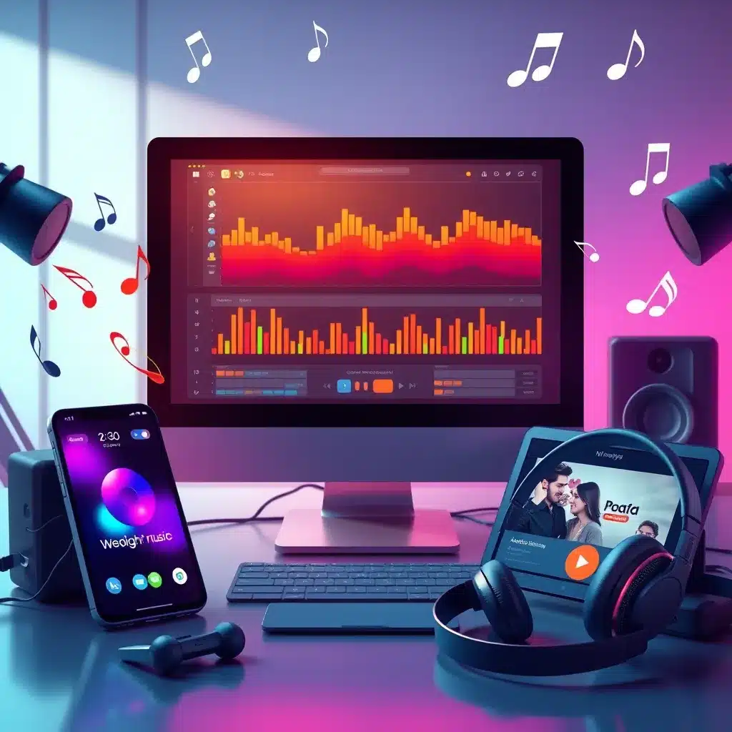 2 Music production setup with desktop, smartphone, tablet, and headphones. Colorful soundwaves on screen with music notes around. | Sky Rye Design Music production setup with desktop, smartphone, tablet, and headphones. Colorful soundwaves on screen with music notes around.