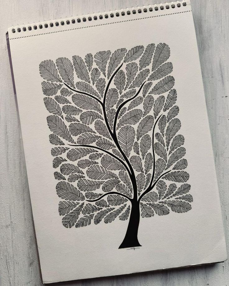 Intricate black and white tree drawing on paper, showcasing detailed leaves, highlighting artistic creativity in nature-inspired art.