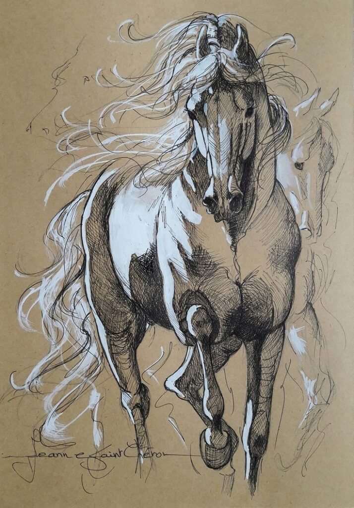 Artistic sketch of a powerful horse in motion, showcasing flowing mane and dynamic lines on a beige background.