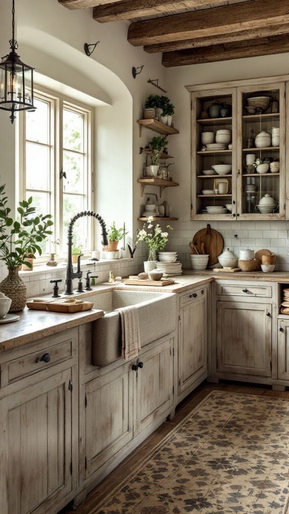 _ 20 Rustic kitchen with wooden cabinets, farmhouse sink, and open shelves. Natural light and potted plants enhance the cozy, vintage decor. | Sky Rye Design Rustic kitchen with wooden cabinets, farmhouse sink, and open shelves. Natural light and potted plants enhance the cozy, vintage decor.