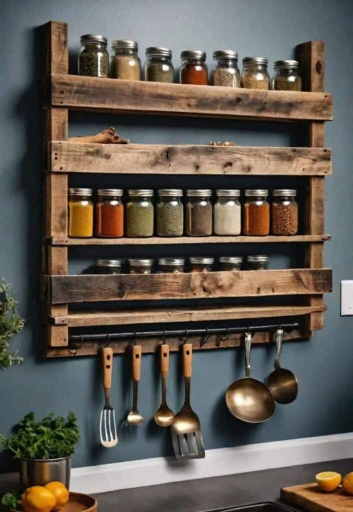_ 20 Wooden spice rack on blue wall with mason jars and hanging kitchen utensils; organized kitchen storage. | Sky Rye Design Wooden spice rack on blue wall with mason jars and hanging kitchen utensils; organized kitchen storage.