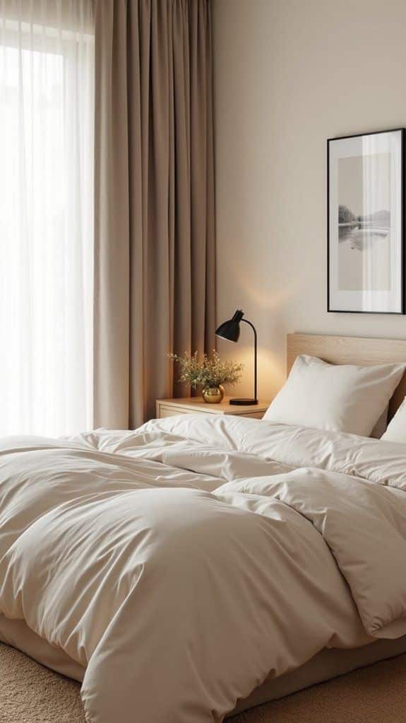 20 Beige Bedroom Ideas That Are Soft Warm and Minimalist - DexDecor Modern bedroom with cozy bed, soft lighting, beige curtains, and stylish decor, creating a warm and inviting atmosphere. | Sky Rye Design Modern bedroom with cozy bed, soft lighting, beige curtains, and stylish decor, creating a warm and inviting atmosphere.