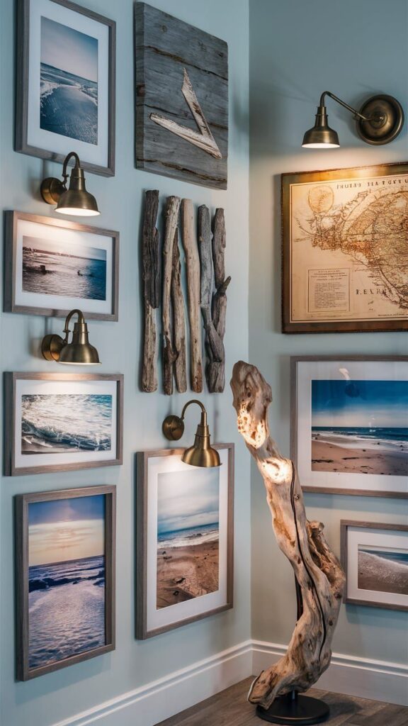 20 Coastal Bedroom Refresh Ideas You Will Love Celestes Coastal Cottage Coastal-themed gallery wall with beach photos, driftwood decor, and vintage map. Illuminated by elegant brass sconces for a nautical vibe. | Sky Rye Design Coastal-themed gallery wall with beach photos, driftwood decor, and vintage map. Illuminated by elegant brass sconces for a nautical vibe.