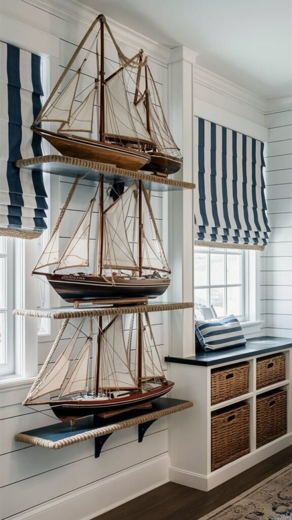 20+ Coastal Home Decor Entry Ideas Celestes Coastal Cottage Model sailboats on rope-wrapped shelves in a nautical-themed room with blue and white striped blinds and woven storage baskets. | Sky Rye Design Model sailboats on rope-wrapped shelves in a nautical-themed room with blue and white striped blinds and woven storage baskets.