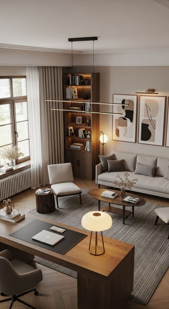 20 Cozy Home Office with Couch Ideas Modern living room with elegant furniture, wooden shelves, abstract art, and natural light creating a cozy, sophisticated ambiance. | Sky Rye Design Modern living room with elegant furniture, wooden shelves, abstract art, and natural light creating a cozy, sophisticated ambiance.