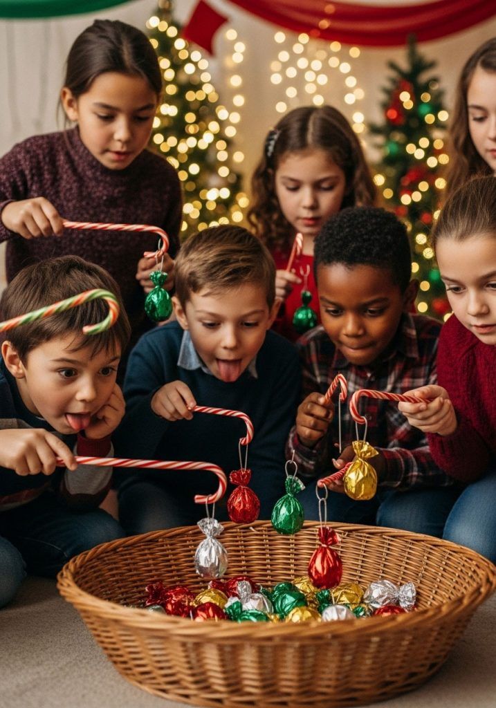 Children playing a holiday game with candy canes and decorated treats in a festive room with Christmas lights and trees.