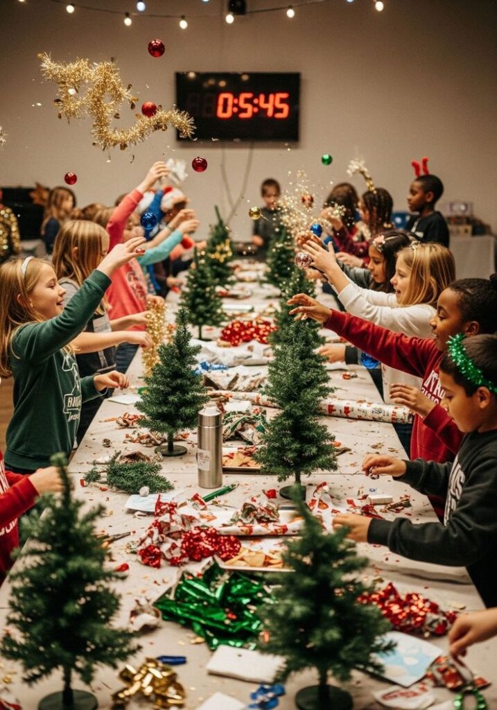 Children decorating for Christmas, tossing ornaments and tinsel in a festive room with miniature trees and a countdown timer in the background.