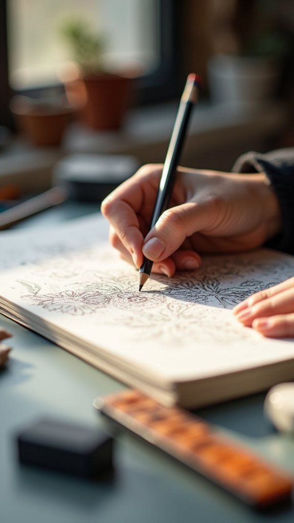 20 Sketchbook Exercises to Strengthen Your Skills Person drawing intricate floral designs in a sketchbook by a sunlit window, surrounded by art supplies and plants. | Sky Rye Design Person drawing intricate floral designs in a sketchbook by a sunlit window, surrounded by art supplies and plants.