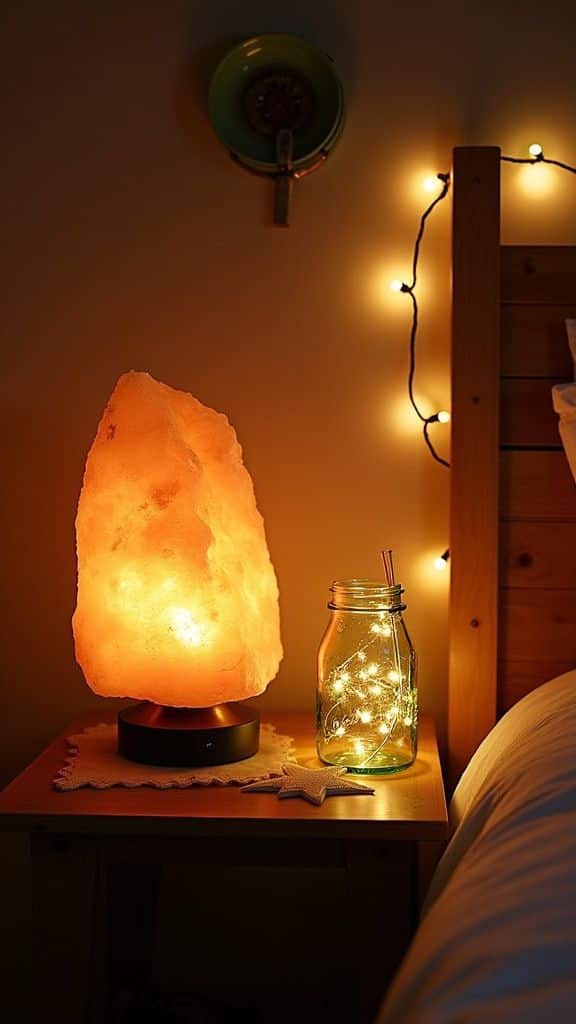 20 Warm Lighting Ideas for Cozy January Evenings Cozy bedside scene with a glowing Himalayan salt lamp and fairy lights in a jar, enhancing the warm ambiance. | Sky Rye Design Cozy bedside scene with a glowing Himalayan salt lamp and fairy lights in a jar, enhancing the warm ambiance.