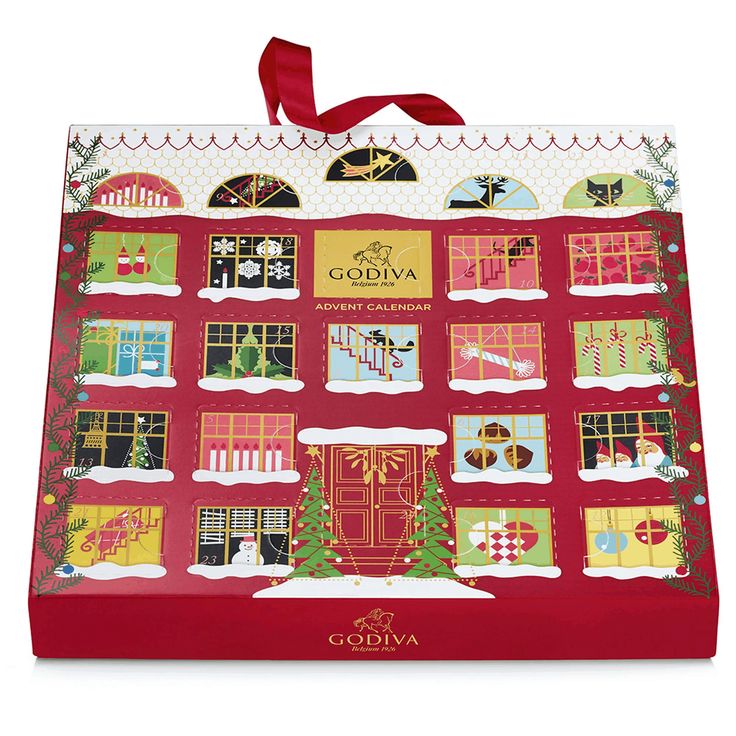 Godiva holiday advent calendar with festive door designs, ready to unveil daily chocolate delights. Perfect for Christmas celebrations.