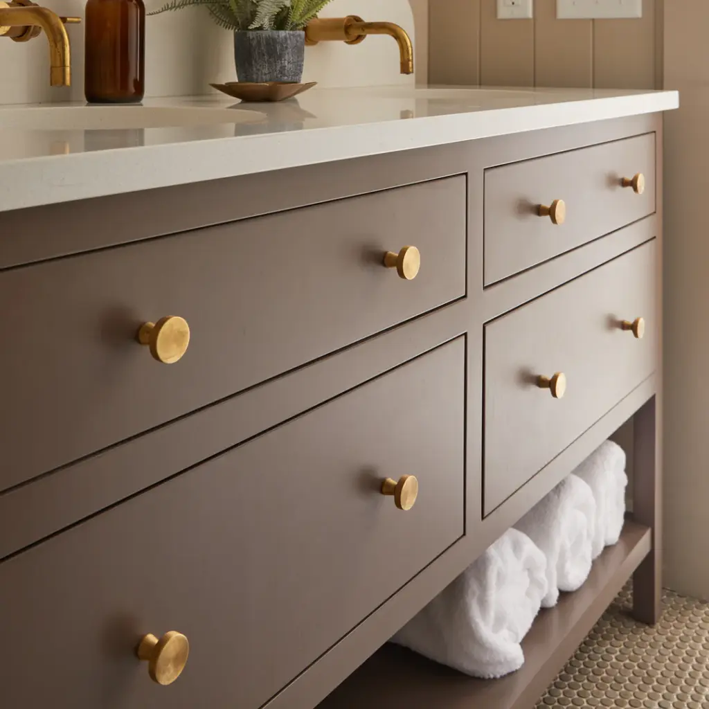 Modern bathroom vanity with gold handles and white countertop, featuring rolled towels underneath for a stylish and functional look.
