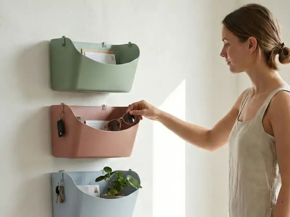 Woman organizing items in pastel wall-mounted storage pockets; sunglasses, mail, and keys in orderly space-saving holders.