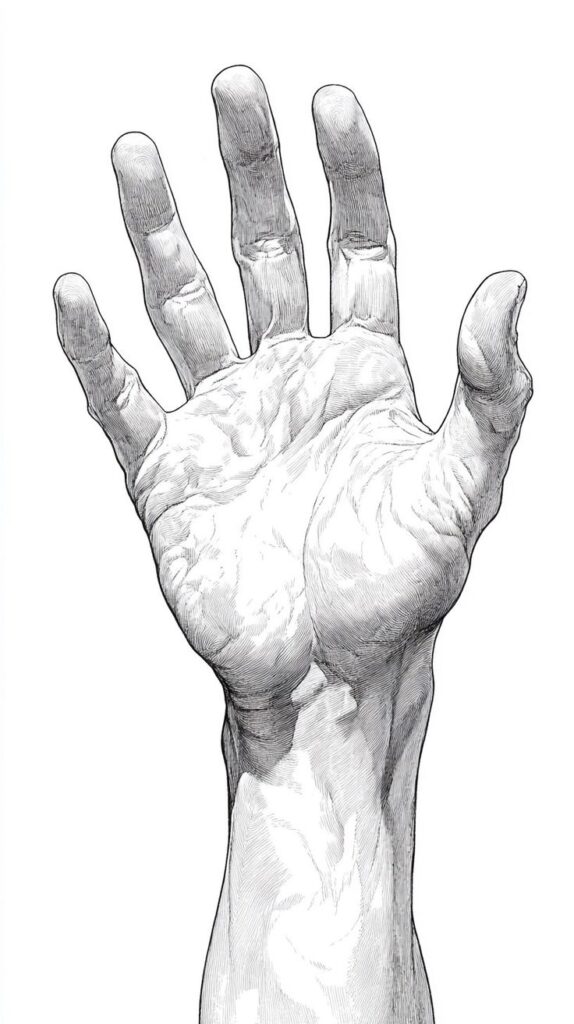 Detailed black and white drawing of an outstretched hand with fingers open, showcasing intricate line work and shading.