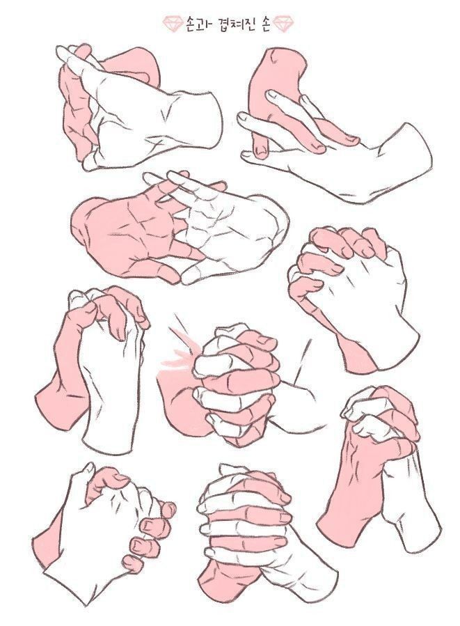 Illustration of ten hand poses interlocking fingers, emphasizing connection and unity with pink and white color contrast.