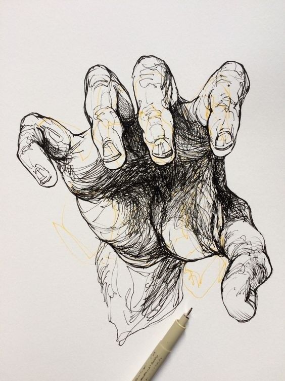 Detailed hand sketch using black ink pen on white paper, showcasing intricate lines and textures, with pen visible at the bottom.