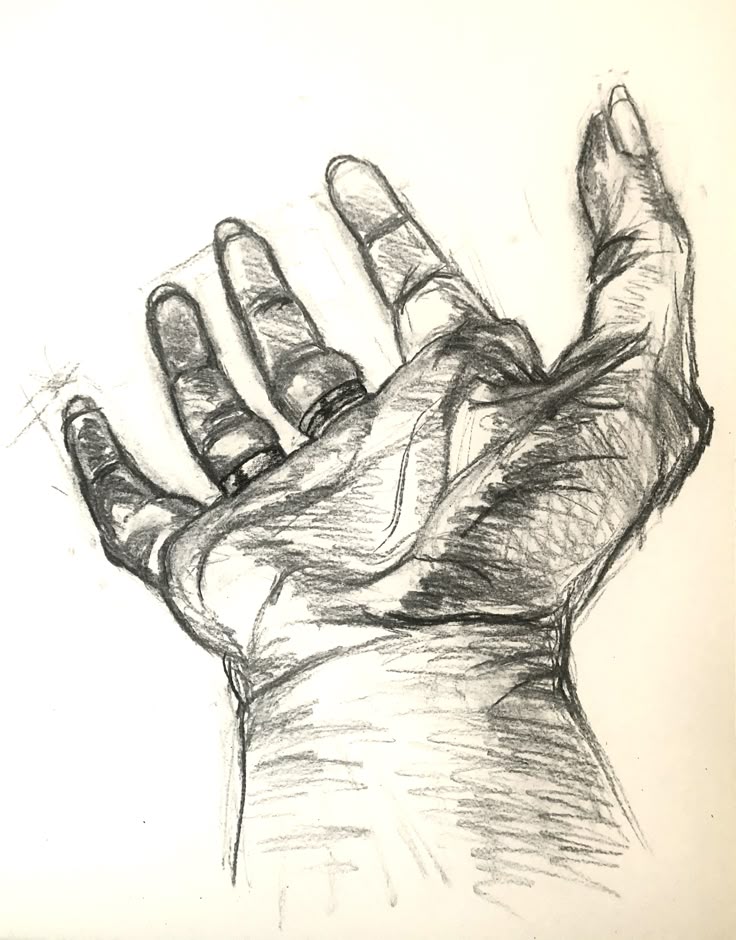 Hand-drawn pencil sketch of an open hand, featuring detailed shading and texture on a plain background, emphasizing realism and artistry.