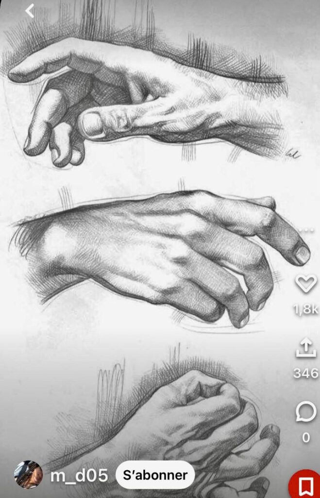 Detailed sketch of three hands in different poses on paper, showcasing realistic shading and pencil techniques in art drawing. 