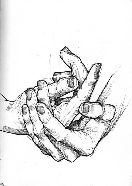 Detailed pencil drawing of intertwined hands, showcasing intricate linework and shading, symbolizing connection and unity.