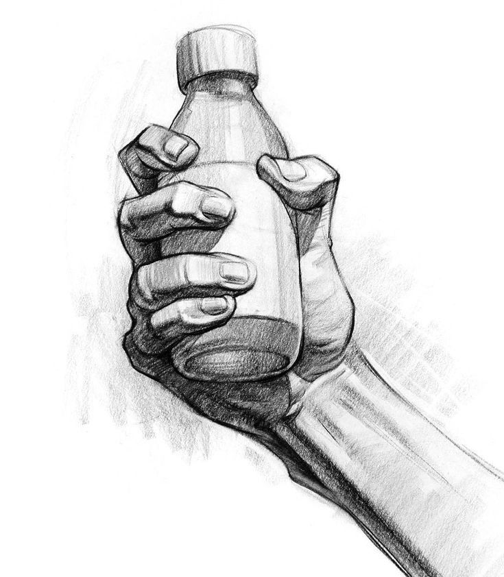 Pencil sketch of a hand firmly gripping a small bottle, showcasing detailed shading and texture in the drawing.